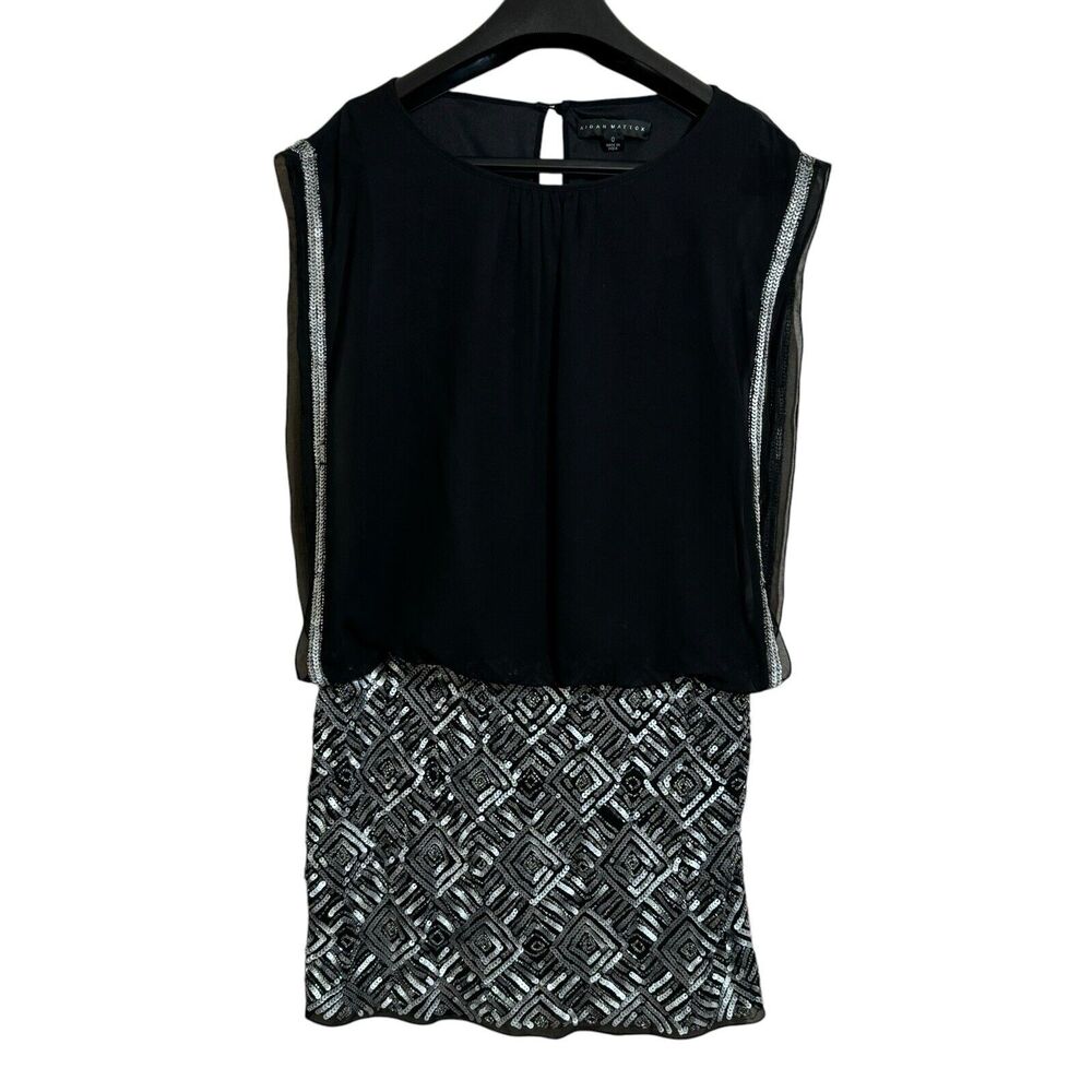 Aidan Mattox Black Chiffon Sheer Sleeveless Sequin Blouson Mini Dress Size 0
